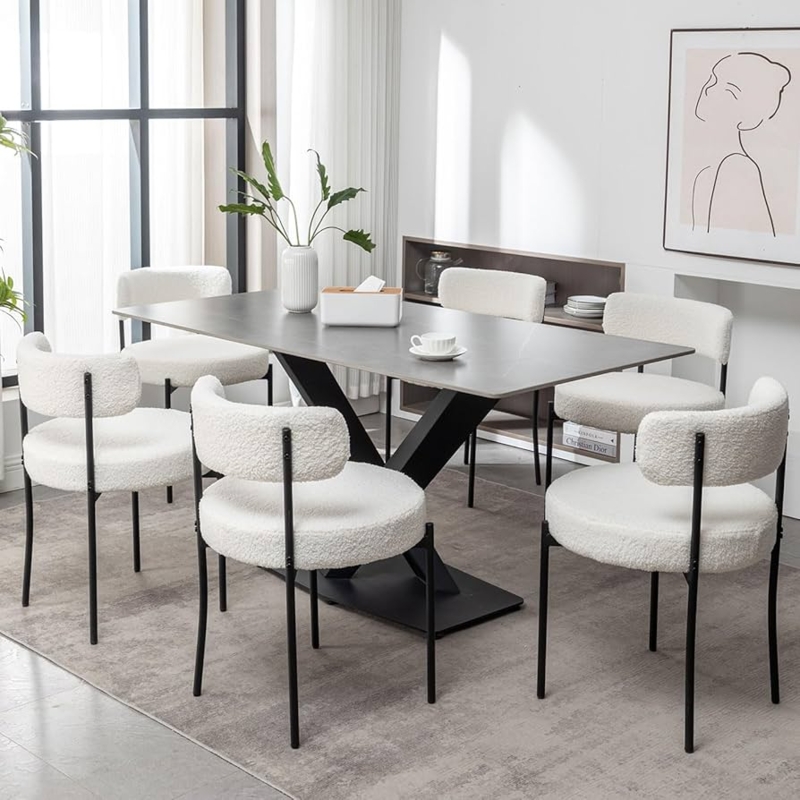 Modern Dining Chair White Boucle Tapered Black Metal Legs