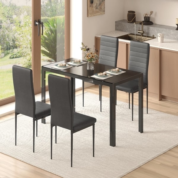 Modern Dining Set Glass Top Table Black Faux Leather High Back Chairs