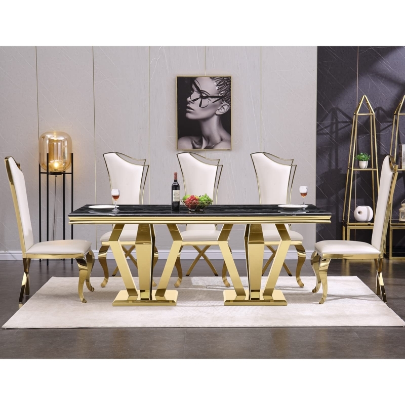 Modern Dining Set Gold Cantilever Chairs Marble Look Top Glossy Finish