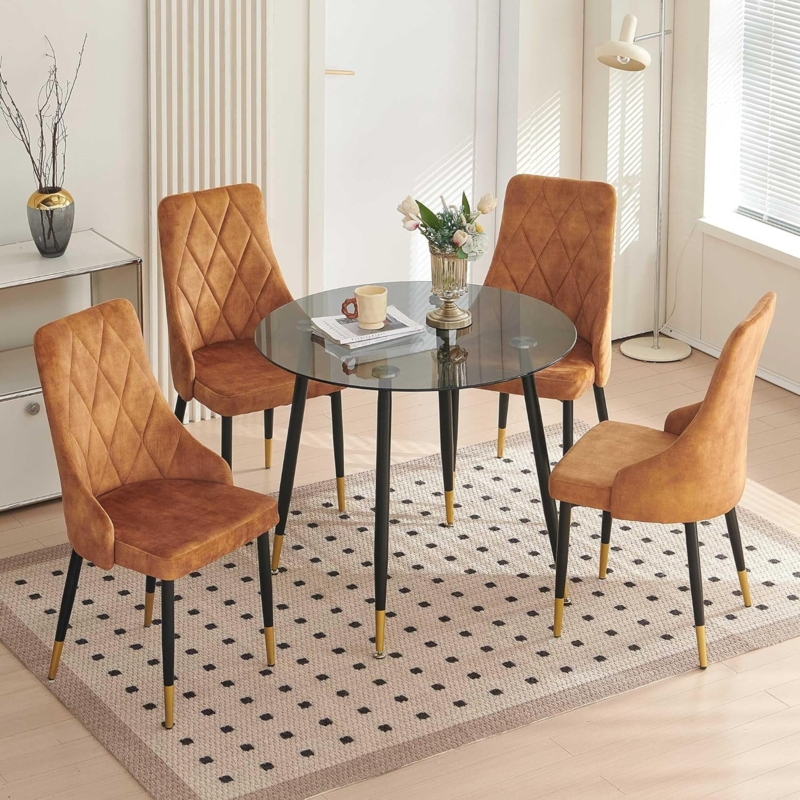 Modern Dining Set Grey Glass Top Channel Tufted Velvet Chairs Black Legs