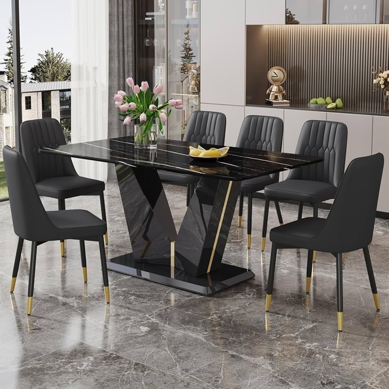 Modern Dining Set Marble Look Top Gold Tipped Legs