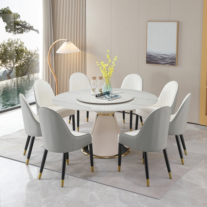 Modern Dining Set Round Glossy Stone Table Teal Barrel Chairs