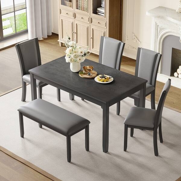 Modern Dining Set with Bench Walnut Finish Gray Upholstery