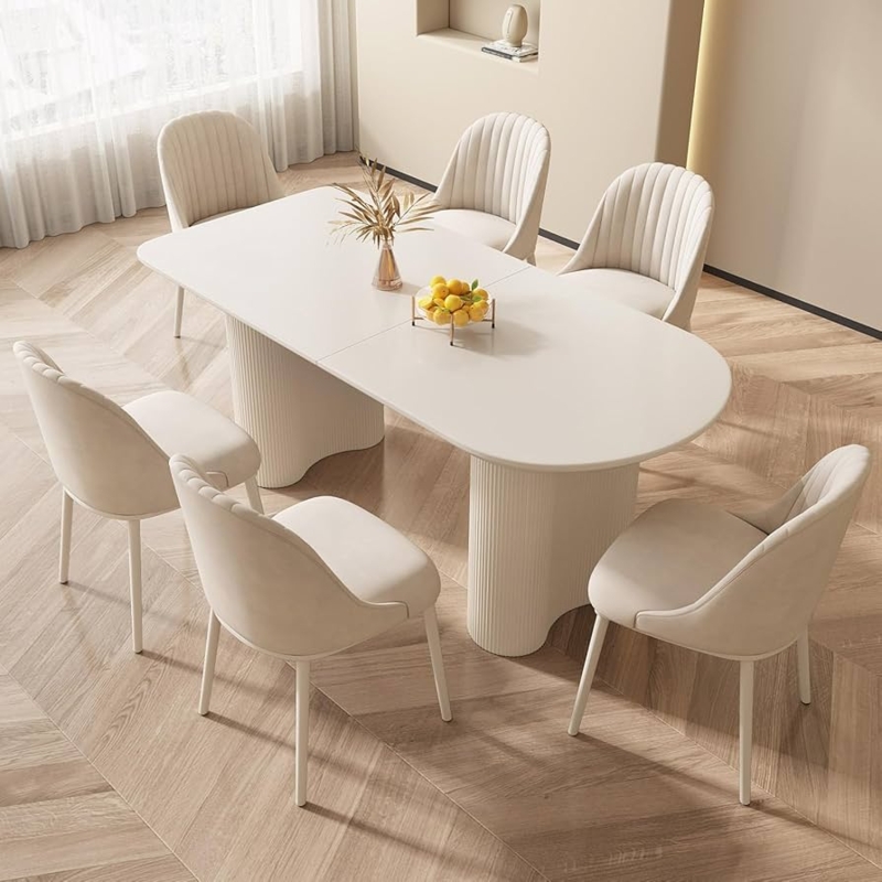 Modern Dining Set with Wavy Pedestal Legs and White Marble Pattern Top