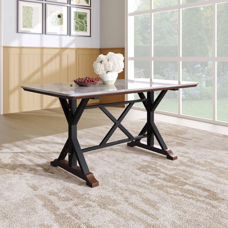 Modern Dining Table, Gray Stone-Like Top & Black Trestle Base
