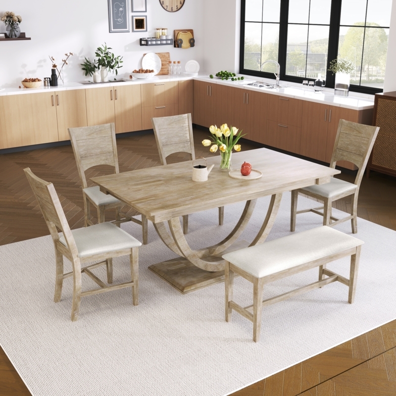 Modern Dining Table Set with Bench, Gray Wash Wood, Upholstered