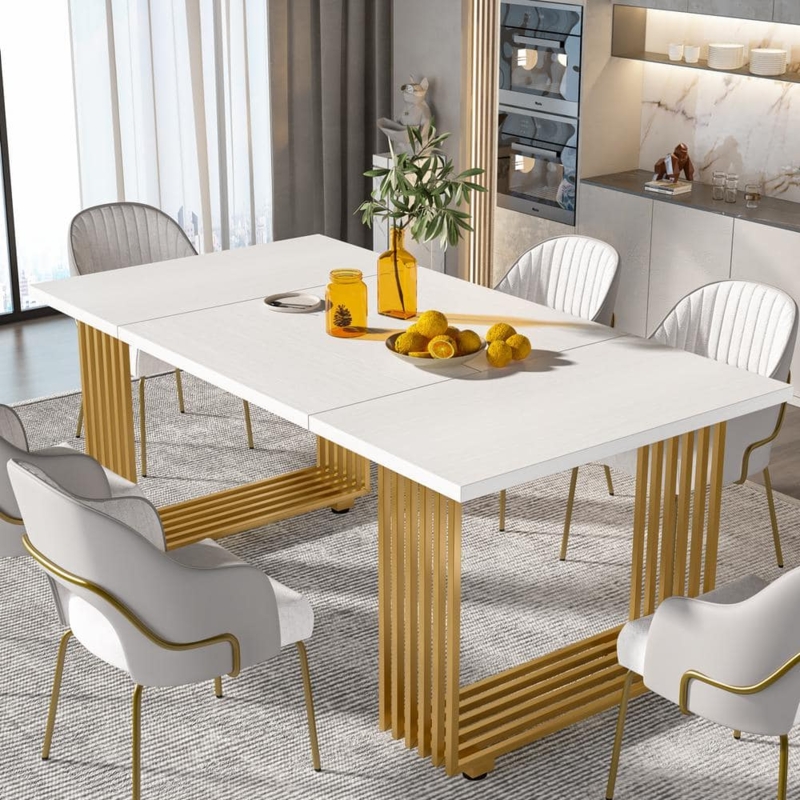Modern Dining Table White Top Flared Metal Legs Rounded Corners