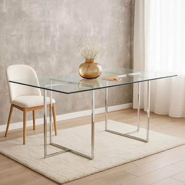 Modern Dining Table with Clear Glass Top and Silver Trestle Base