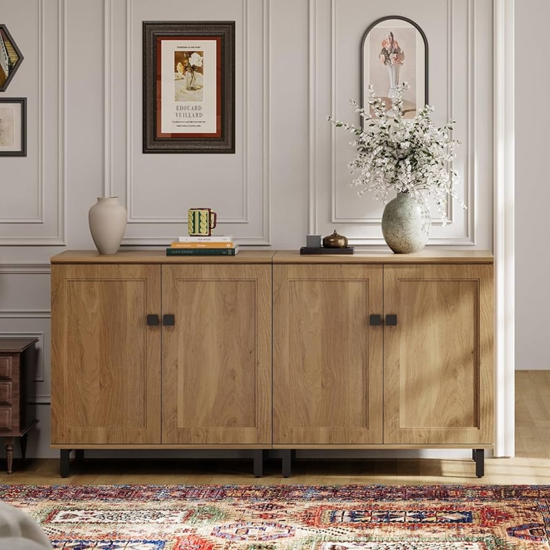 Modern Farmhouse Buffet Sliding Slat Doors & Tracks Oak