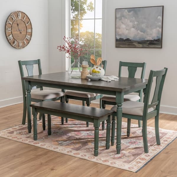 Modern Farmhouse Dining Set, 6-Piece Slat-Back Chairs & Bench, Teal