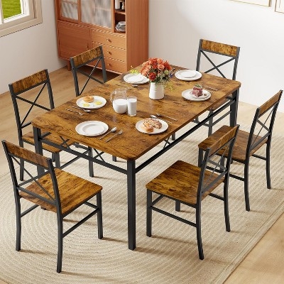 Modern Farmhouse Dining Set Black Faux Leather Curved Backrest