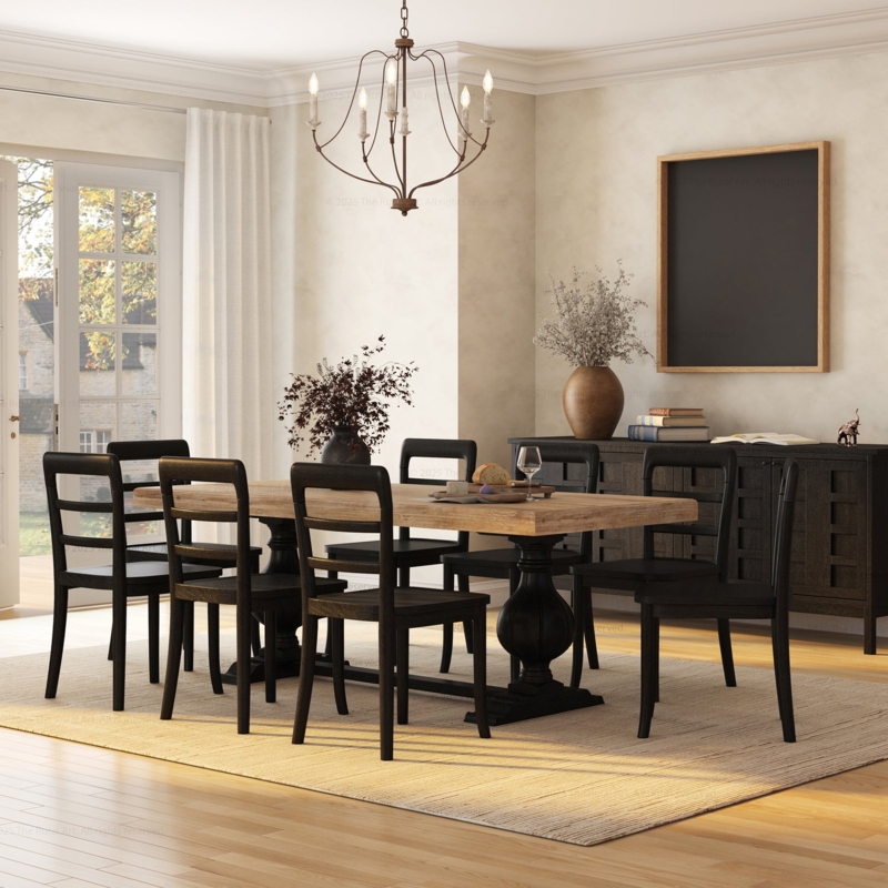 Modern Farmhouse Dining Set: Dual-Tone Slat Back Chairs & Round Table