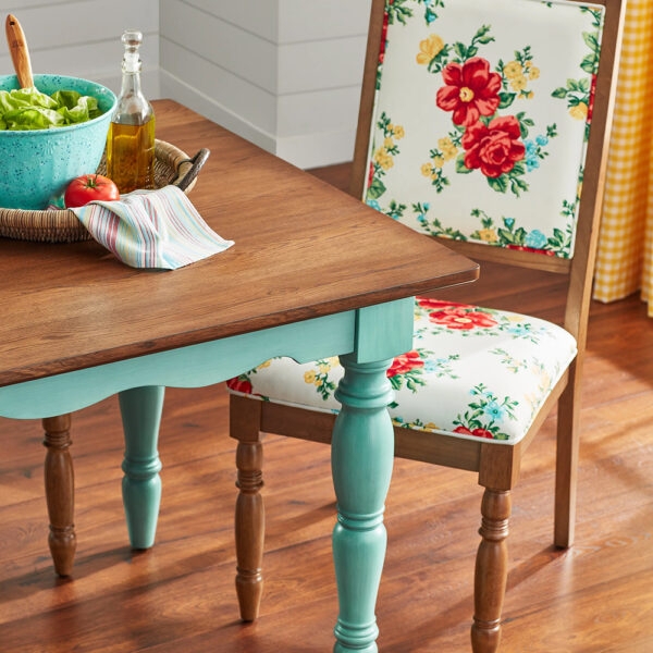 Modern Farmhouse Dining Table, Teal Trestle Base, Wood Top, Rounded Corners