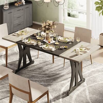 Modern Farmhouse Dining Table with Weathered Gray Top and Metal X-Base