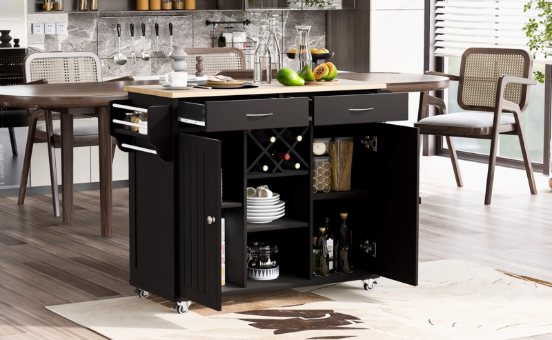 Modern Farmhouse Kitchen Cart with Matte Black Base and Wine Storage