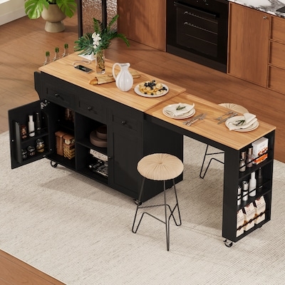 Modern Farmhouse Kitchen Island Cart, Black Frame & Acacia Top