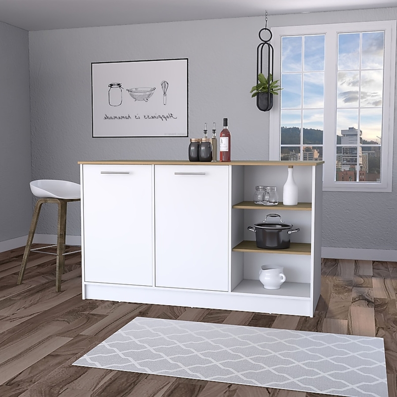 Modern Farmhouse Kitchen Island With Shaker Doors And Open Shelves