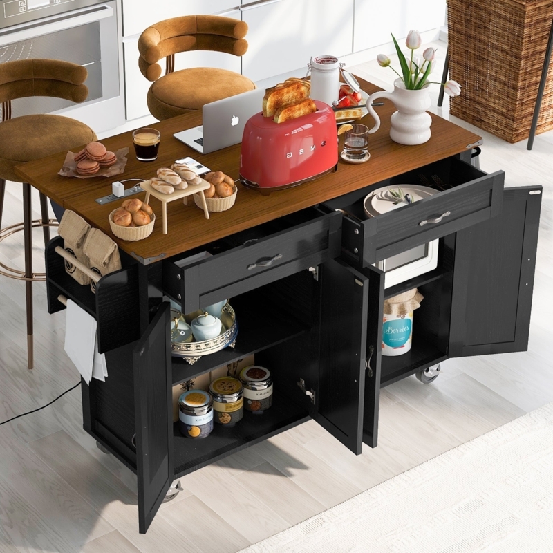 Modern Farmhouse Rolling Kitchen Island with Butcher Block Drop Leaf
