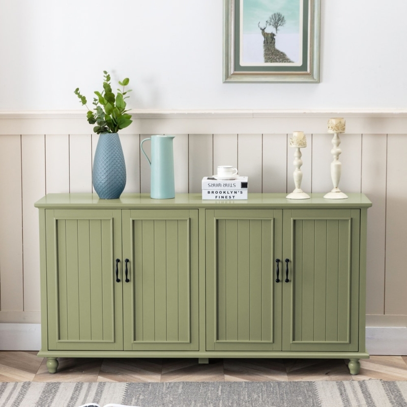 Modern Farmhouse Sideboard Storage Glass Cross Buck Doors Green