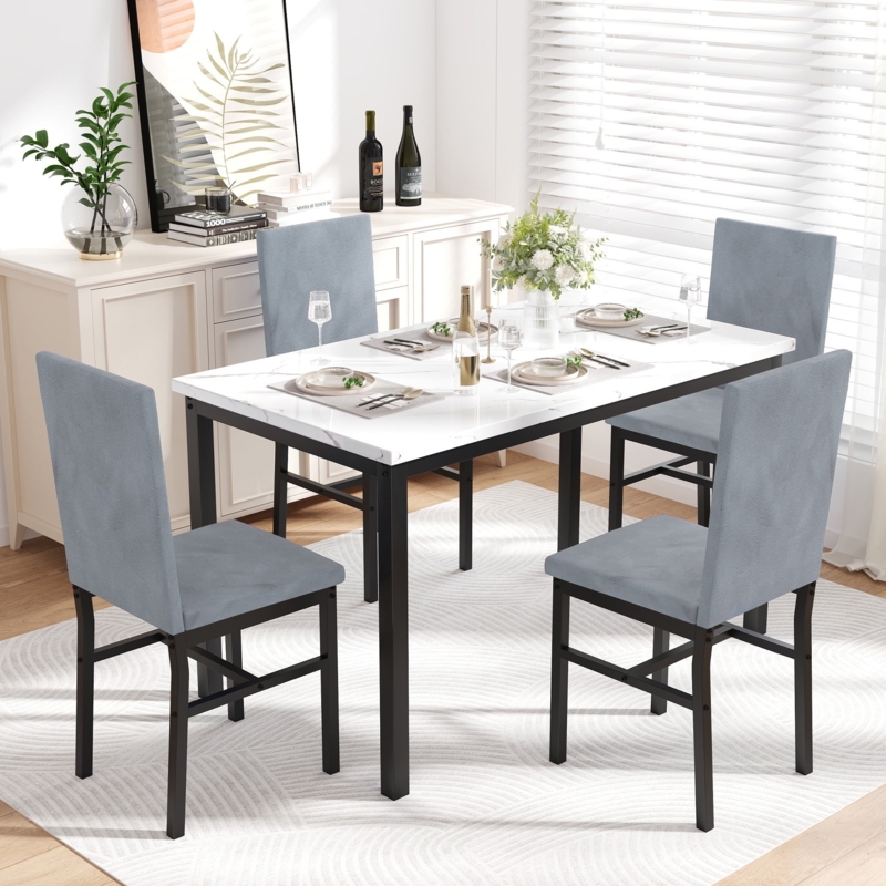 Modern Faux Marble Dining Set with Gray Velvet Upholstered Chairs