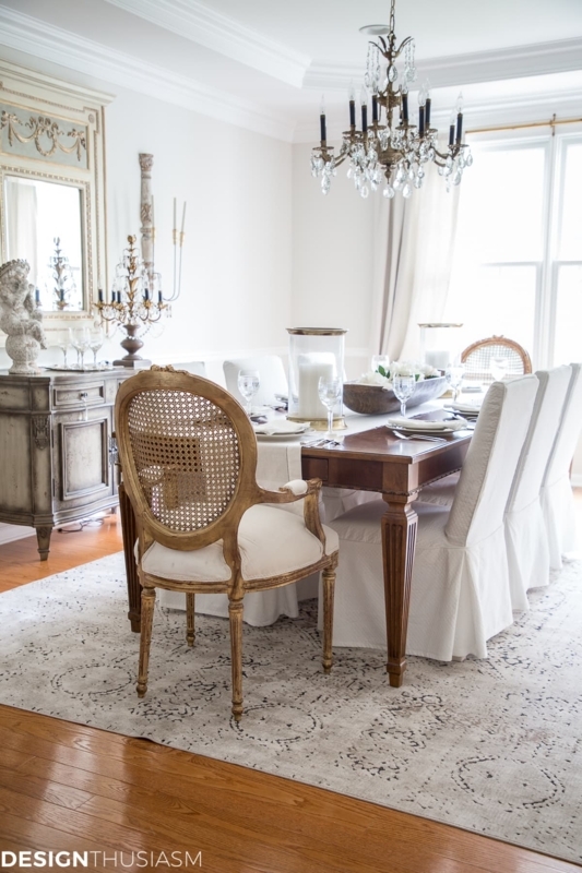 Modern French Country Trestle Dining Table with Tufted Wingbacks