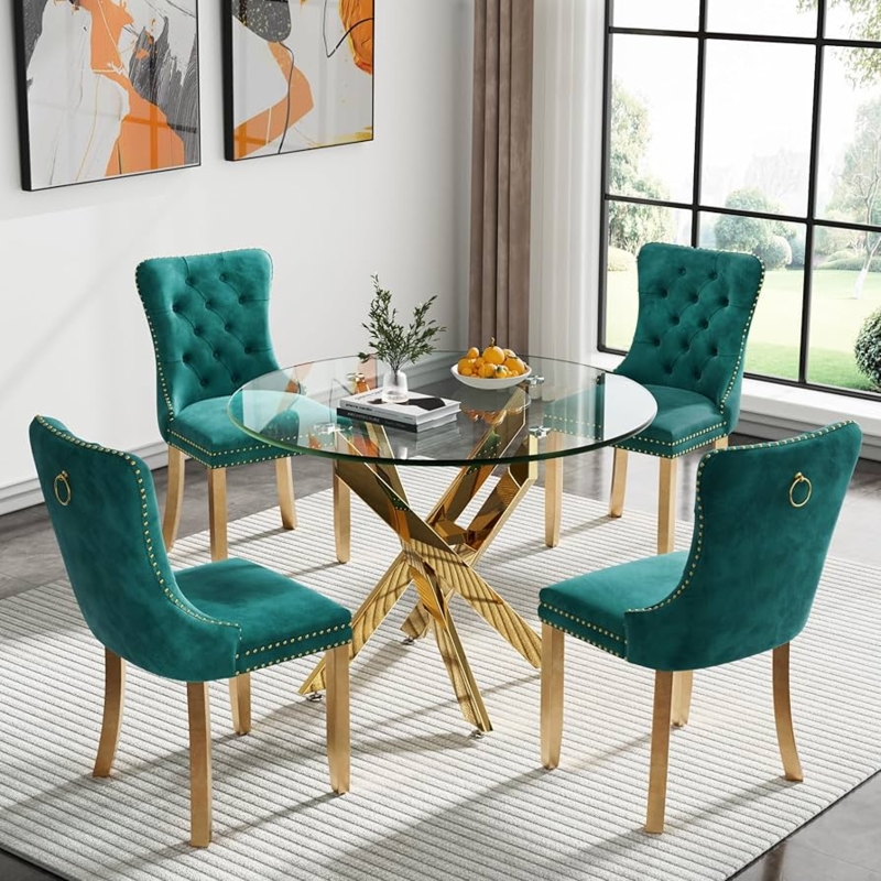 Modern Glam Dining Set, 5-Piece Round Glass Table, Green Velvet Tufted Chairs