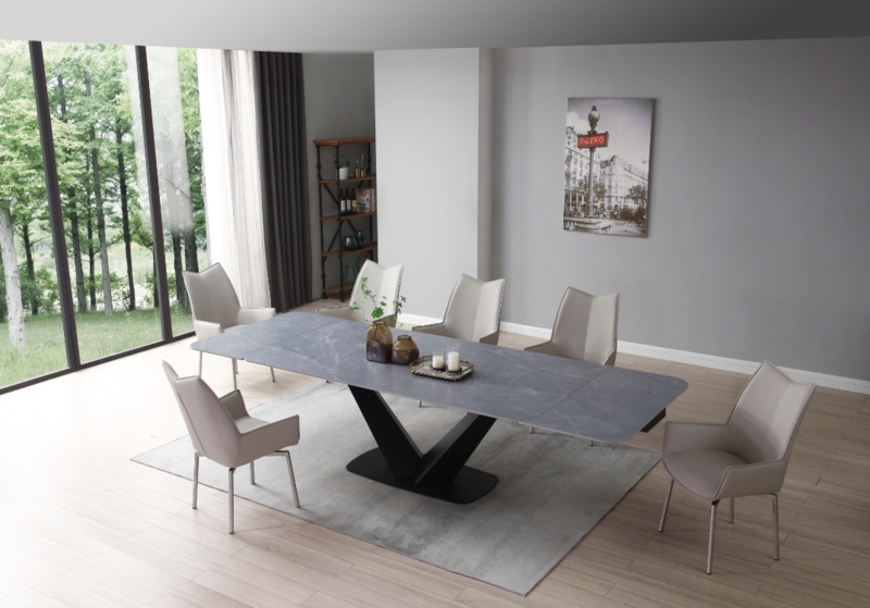 Modern Glam Dining Set Stone Top Champagne Gold Swivel Chairs Taupe