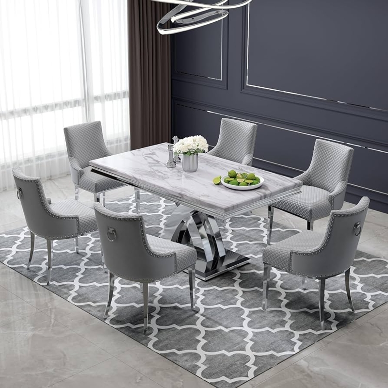 Modern Glam Dining Set with Gray Tufted Velvet Chairs and Pedestal Base