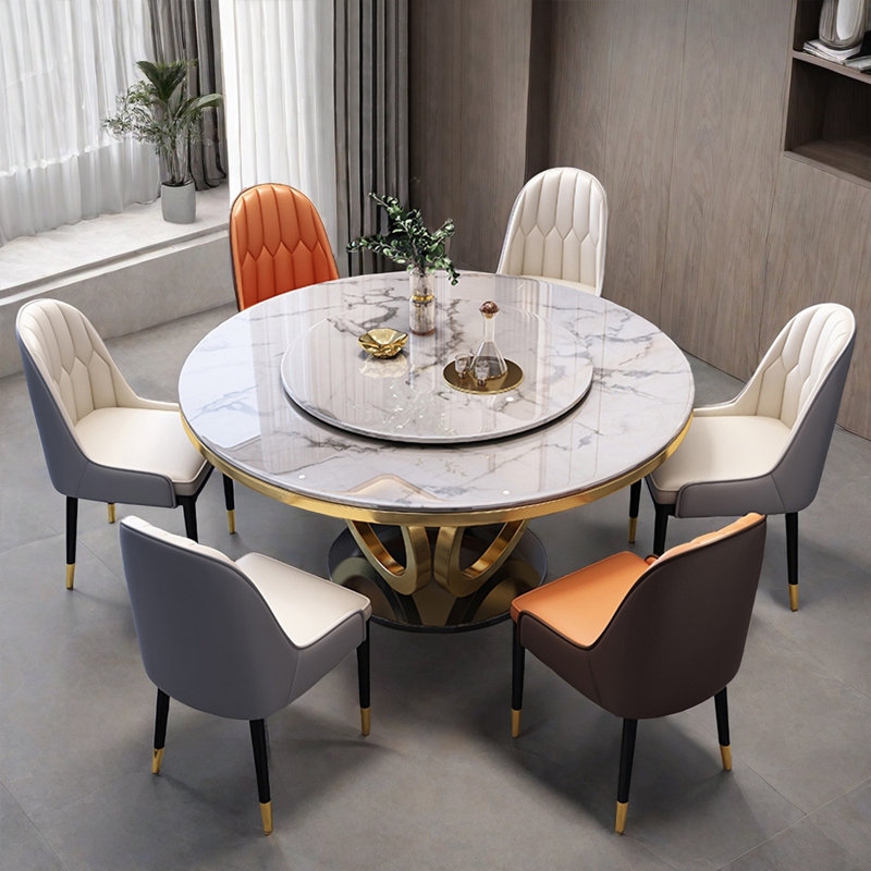 Modern Glam Dining Set with Orange Curved Back Chairs and Gold Caps