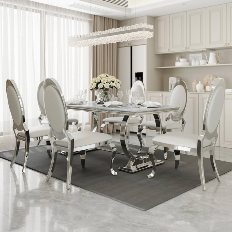 Modern Glam Dining Set with Stone-Look Top and White Cantilever Chairs