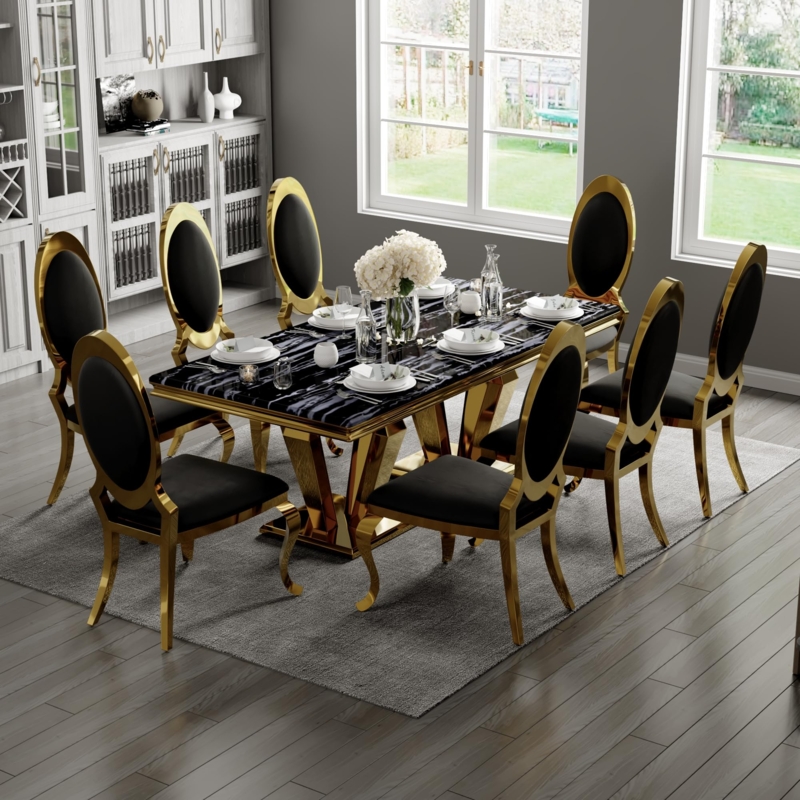 Modern Glam Dining Table Set Black And Gold Finish Leather-Like Chairs