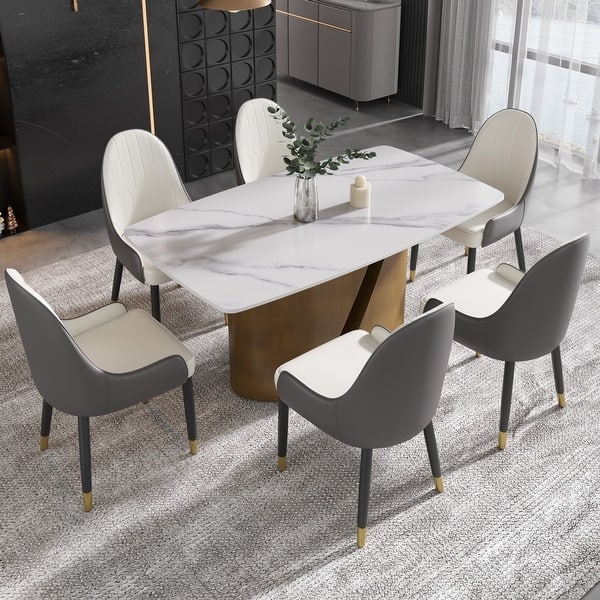 Modern Glam Dining Table, White Stone Top & Gold Pedestal Base
