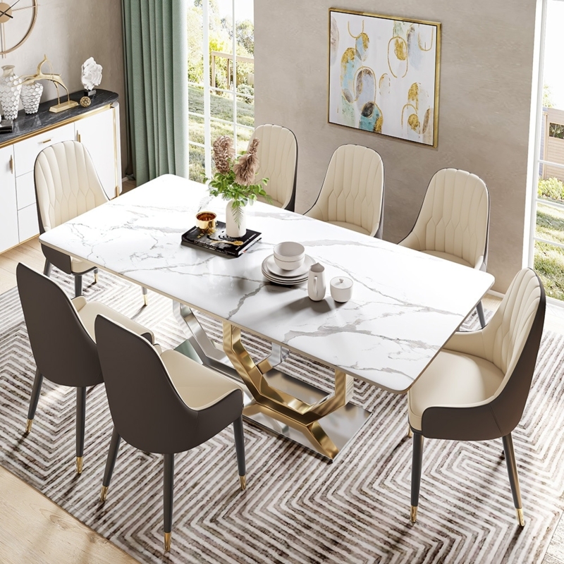 Modern Glam Dining Table with Gold Hexagonal Legs and White Veined Top