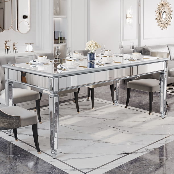 Modern Glam Mirrored Dining Table with Silver Gray Tapered Legs
