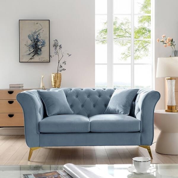 Modern Glam Navy Velvet Loveseat with Gold Tapered Legs