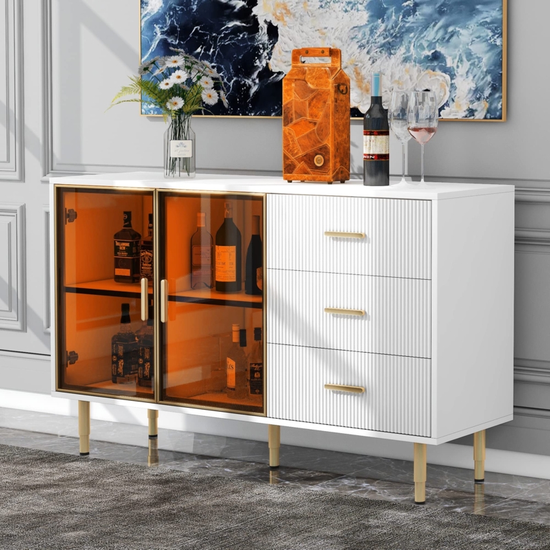 Modern Glam Sideboard, Fluted Glass Doors & Gold Metal Base