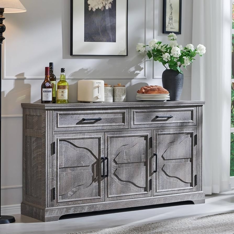 Modern Glam Sideboard Slatted Doors Gold Metal Base Charcoal Cabinet