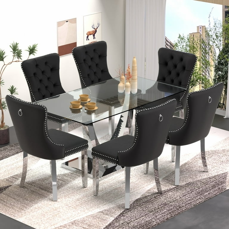 Modern Glass Dining Set with Silver Pedestal Base and Black Tufted Velvet Chairs