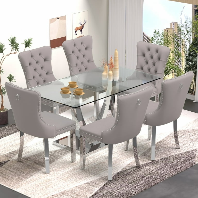 Modern Glass Dining Set with Silver X-Base and Gray Tufted Velvet Chairs