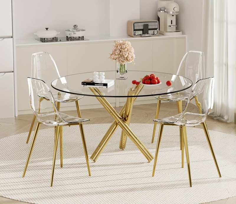 Modern Glass Dining Table Set Sculptural Chrome Base Acrylic Chairs