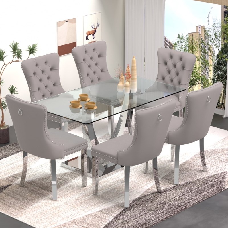 Modern Glass Top Dining Set C-Shaped Base Tufted Velvet Chairs