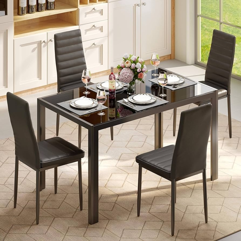 Modern Glass Top Dining Set with Tapered Wood Legs and Black Chairs