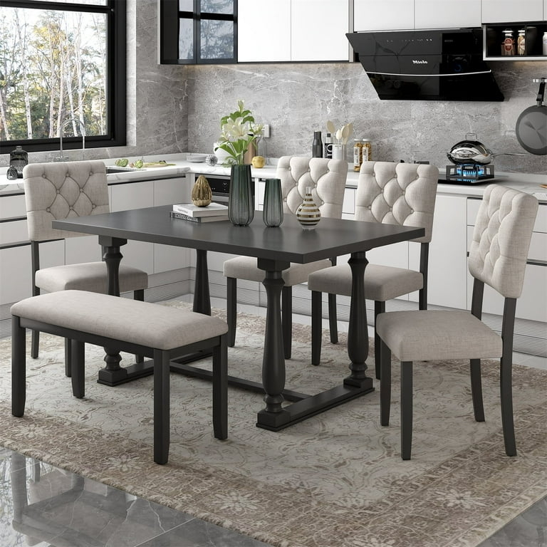 Modern Gray Dining Set, 6-Piece with High Back Chairs & Bench