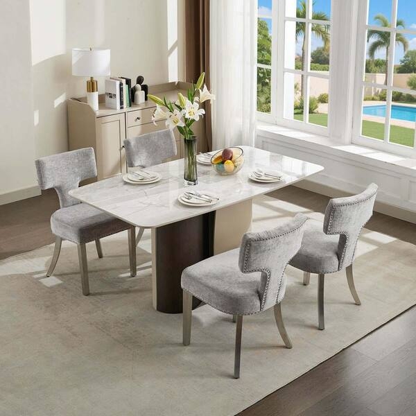 Modern Gray Upholstered Dining Chairs with Vertical Channeling and Silver Legs