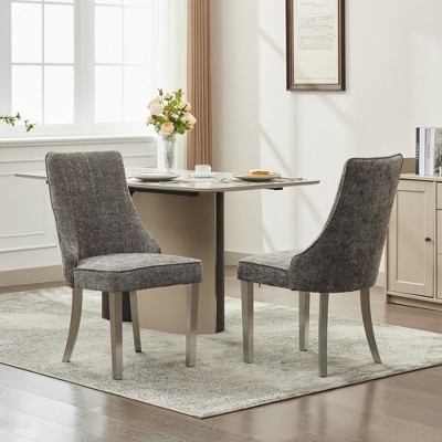 Modern Grey Chenille Dining Chairs with Curved Back and Polished Silver Legs