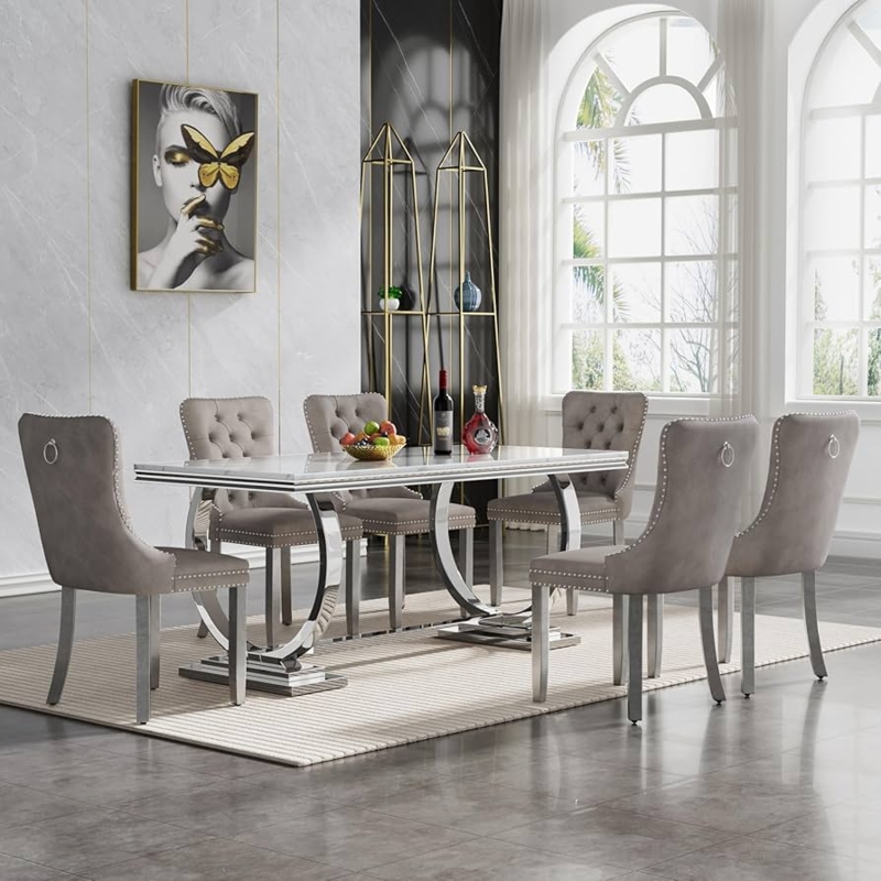 Modern Grey Velvet Dining Set with White Marble Top and Silver U-Base
