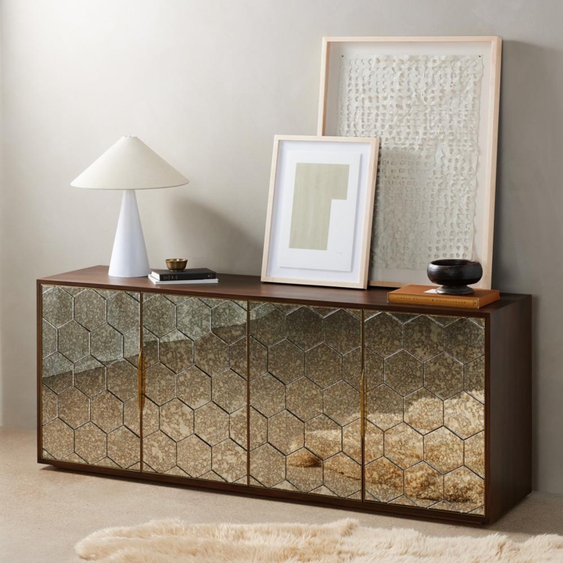 Modern Honeycomb Pattern Buffet Dark Walnut Mirrored Doors