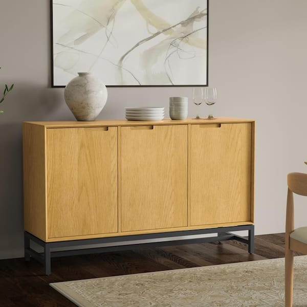 Modern Industrial Buffet with Black Metal Frame and Open Shelf