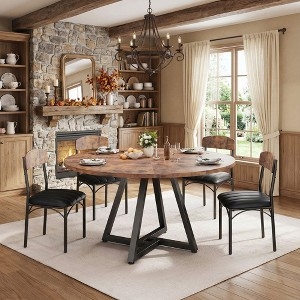 Modern Industrial Round Dining Table, Pedestal X-Base, Black Metal