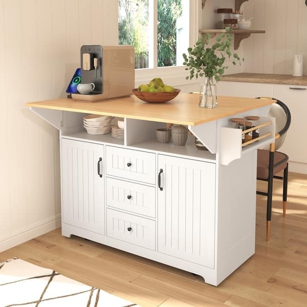 Modern Kitchen Cart Power Outlet With Drop Leaf And Drawers